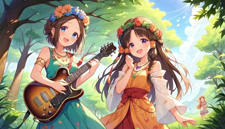 ((multiple girls:1.3)), ((moe style:1.3)), ((hippie:1.3)), ((guitar:1.3)), ((music studio:1.3)), ((centerfold:1.3)), ((extremely feminine:1.3)), perfect hands, ((perfect face)), ((extremely cute:1.3)), ((masterpiece)), ((8k)), ((best quality)), ((beautiful...