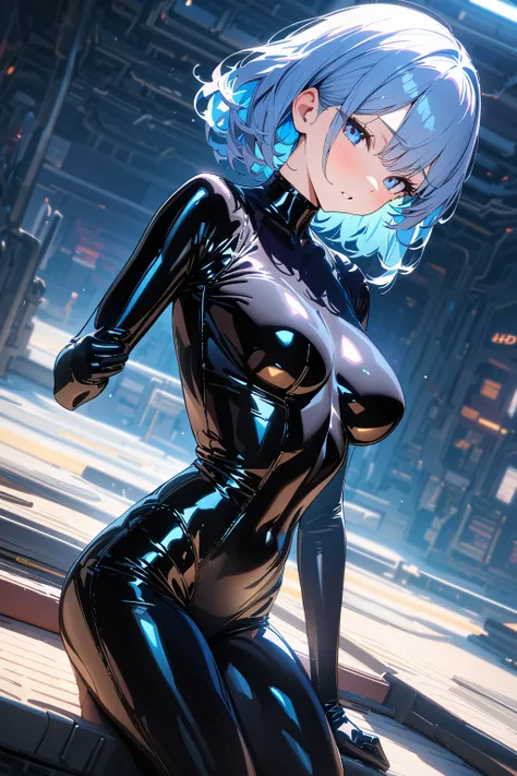 (masterpiece, best quality:1.5), (ultra detailed, high resolution, 8k, beautiful detailed, UHD, best anatomy), 1 cute girl, pale blue hair, medium breasts, full bodysuit, latex, shiny clothes, Steamy space