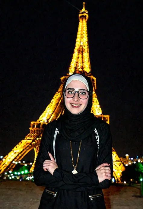 Slim fit weak Very Pale skin black eyebrows kurdish glasses teen in tight hijab standing front Eiffel tower at night portrait laughing 