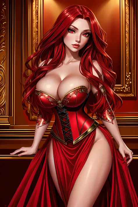 a woman with long crimson hair, wearing a long red dress with a leg slit, intricate corset, beautiful detailed eyes, beautiful detailed lips, extremely detailed face, longeyelashes, elegant pose, graceful movement, breathtaking, detailed and realistic, oil...