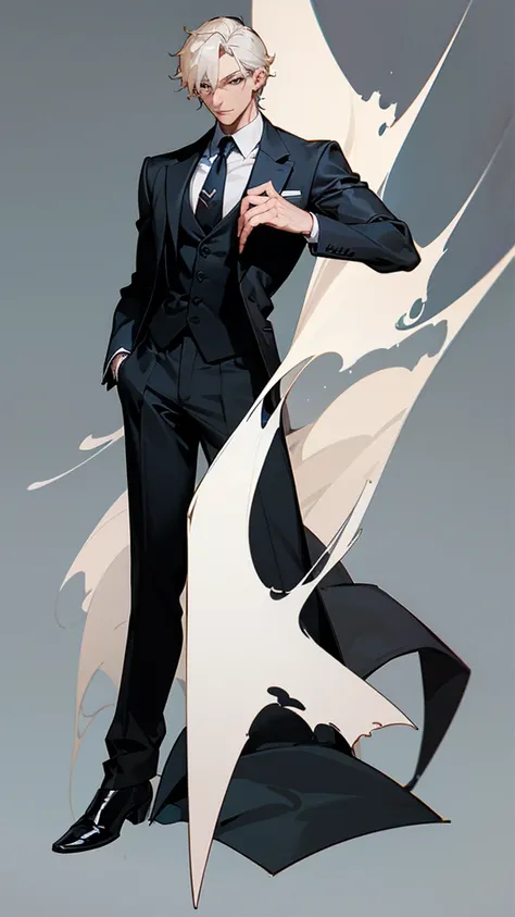 Image of a man in his 50s standing in a suit and tie, Concept Art：Yang J, CG society hot topic, Digital Art, Dark colored suit, Black suit, Wearing a black aristocratic suit, highly detailed character design, formal Black suit. detailed, Handsome anime pos...