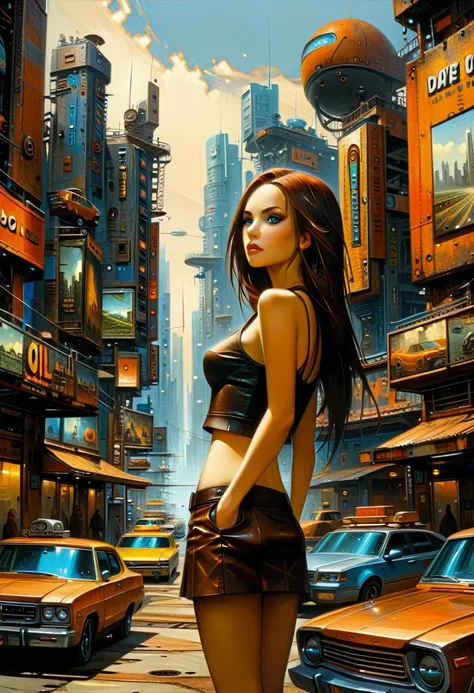 Future sexy girl long hair in a futuristic city.1.5, rusty metal city, lots of details, cars, buildings, billboards, leather miniskirt and very tight tank top, (Dave Mckean inspired art, intricate details, oil painting)
