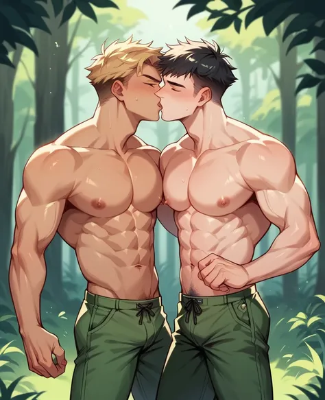 Two handsome gay boys kiss forest green pant
