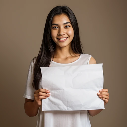 native american girl, 25ans, Generous shapes, Selfie, ssmile, holding in his hand a white sheet of paper with “SNIFFFR” written on it