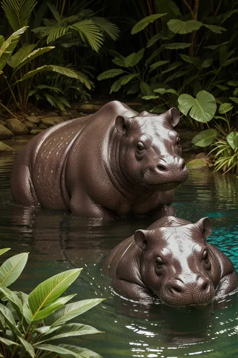 Capture an 8K ultra-high-definition photograph of a group of pygmy hippopotamuses in their lush, tropical rainforest habitat. The hippos should be the focal point, with their smooth, glistening skin, rounded bodies, and gentle eyes captured in exquisite de...