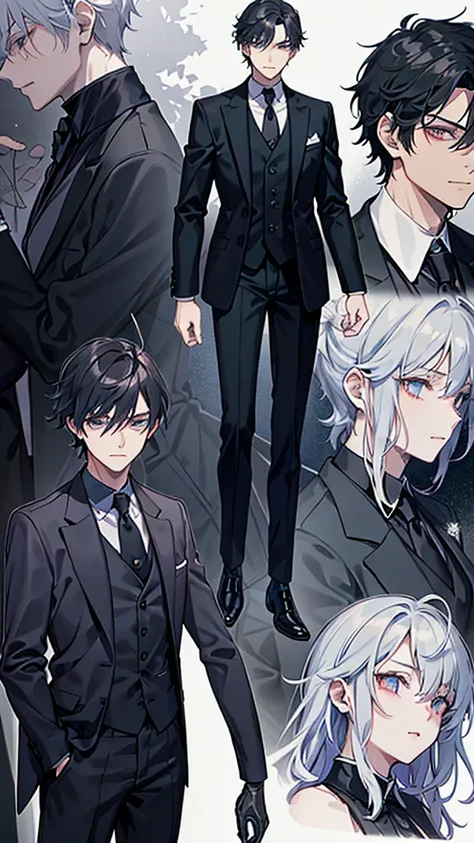 Image of a man in his 50s standing in a suit and tie, Concept Art：Yang J, CG society hot topic, Digital Art, Dark colored suit, Black suit, Wearing a black aristocratic suit, highly detailed character design, formal Black suit. detailed, Handsome anime pos...