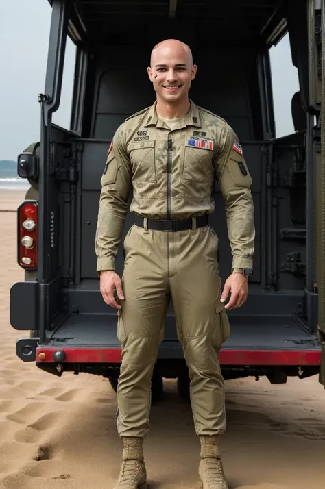 ((8k ((best quality)), ((masterpiece)), (very detailed), real face bald male muscular male full body wear soldiers suit  stand by military truck smiling