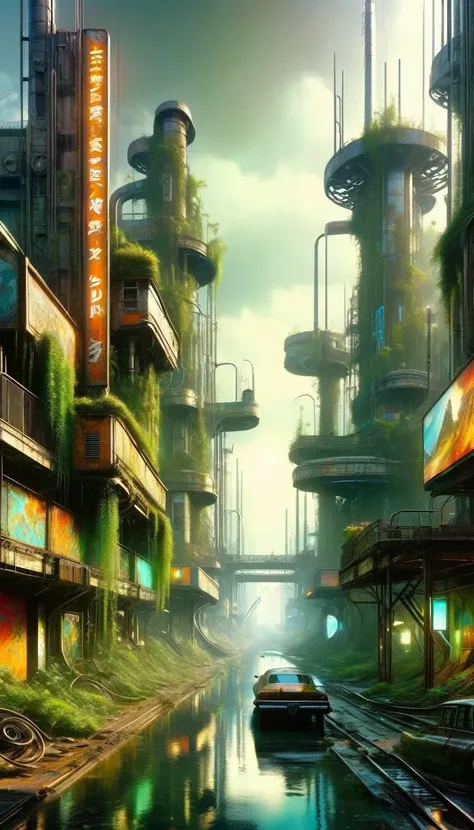 a futuristic city, rusty metal city, abandoned city, crumbling buildings, overgrown with vegetation, neon billboards, graffiti, steam pipes, cyberpunk, industrial, (Dave Mckean inspired art, intricate details, oil painting, best quality, 8k, highres, maste...