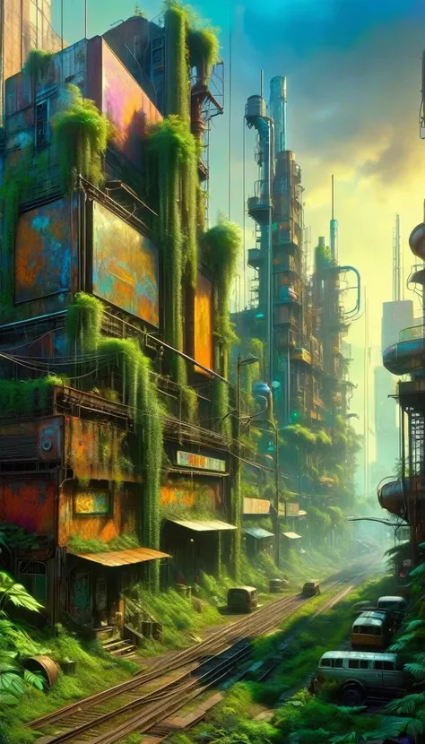 a futuristic city, rusty metal city, abandoned city, crumbling buildings, overgrown with vegetation, neon billboards, graffiti, steam pipes, cyberpunk, industrial, (Dave Mckean inspired art, intricate details, oil painting, best quality, 8k, highres, maste...