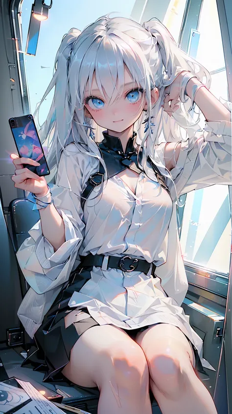 最high quality、Best image quality、masterpiece、girl((20-year-old、 By becoming、Best Bust、Medium Bust,Wide open breast tea、blue eyes and white hair 、Disheveled Hair、Long Hair、thin,The highest valley、White overshirt、Open chest、White wristband、smile、Leaning forw...