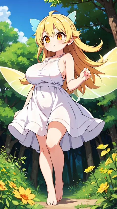 Showing the whole body, cute, baby face, big breasts, flying in the sky, in the forest, simple white dress, long hair, alone, short, fairy wings, honey blonde hair, orange eyes, barefoot