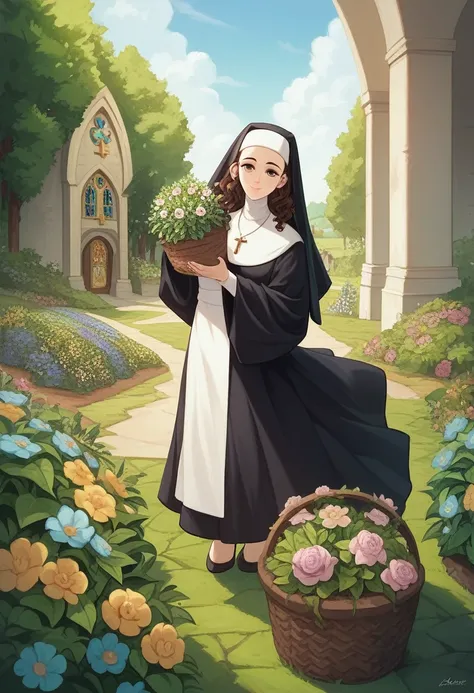 Very detailed,(((((ultra detailed face))))),best quality, 8K, (soft Light), Light, ((soft focus)),((Nuns)), facing the camera,Long brown hair ,almond eye, fluffy hair,((forehead)),((monastery)),((gardening,garden)),((Cultivation)),Flower basket,((full body...