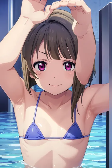 (((pixel-perfect, detail-perfect))), solo, 1girl, kasumi nakasu, eyes violet, smile, pool, bikini, armpit, flat filesize, ultra High Qality