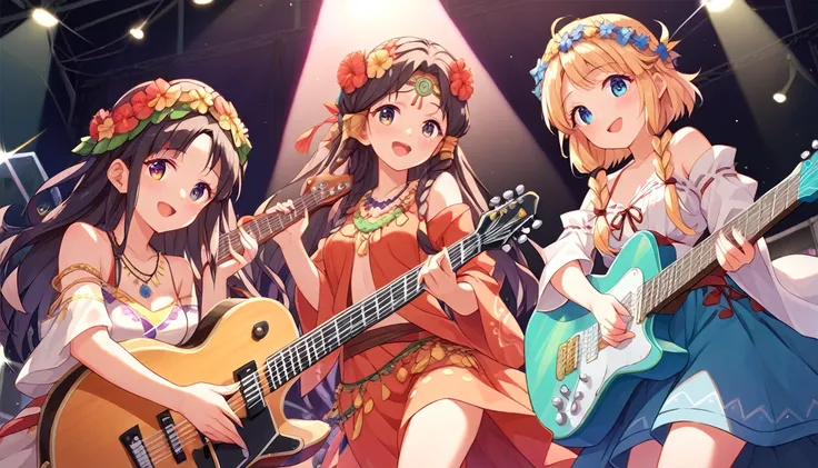 ((multiple girls:1.3)), ((moe style:1.3)), ((hippie:1.3)), ((guitar:1.3)), ((music stage:1.3)), ((centerfold:1.3)), ((extremely feminine:1.3)), perfect hands, ((perfect face)), ((extremely cute:1.3)), ((masterpiece)), ((8k)), ((best quality)), ((beautiful)...