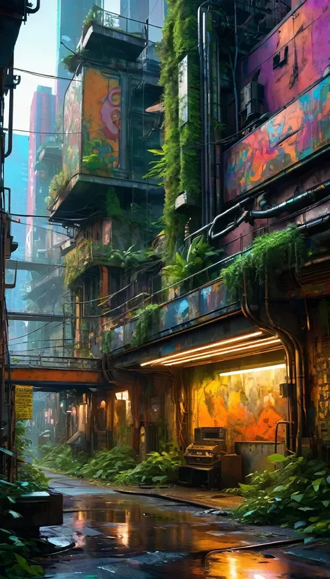 a futuristic city, rusty metal city, abandoned city, crumbling buildings, overgrown with vegetation, neon billboards, graffiti, steam pipes, cyberpunk, industrial, (Dave Mckean inspired art, intricate details, oil painting, best quality, 8k, highres, maste...