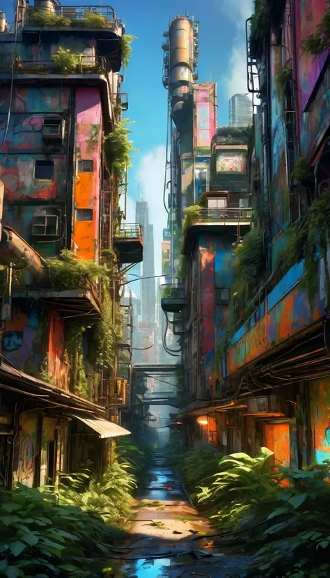 a futuristic city, rusty metal city, abandoned city, crumbling buildings, overgrown with vegetation, neon billboards, graffiti, steam pipes, cyberpunk, industrial, (Dave Mckean inspired art, intricate details, oil painting, best quality, 8k, highres, maste...