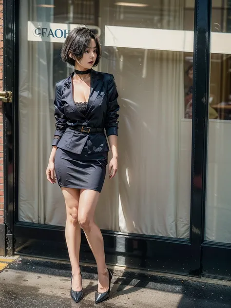 OL、Beautiful girl、Outstanding style、nice buddy、glamorous、Big Breasts、navy blue business suit、Skirt、Garter belt and black 30 denier stockings、High heels、office、standing、The whole body is visible, (mature woman), 45 years old, (black bob cut), very short hai...