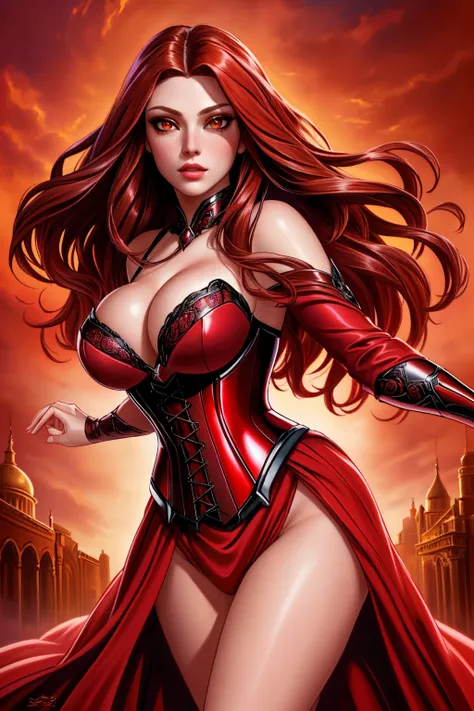 a woman with long crimson hair, wearing a long, intricate corset, beautiful detailed eyes, beautiful detailed lips, extremely detailed face, longeyelashes, elegant pose, graceful movement, breathtaking, detailed and realistic, oil painting, dramatic lighti...