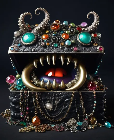 dark，Fear，imitate，Strange open lid box monster full of jewels - one eye - sharp teeth - ugly，Long tentacles，Scattered jewelry,greedy