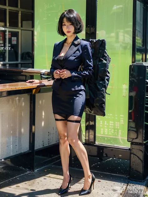 ol、beautiful girl、outstanding style、nice buddy、glamorous、big breasts、navy blue business suit、skirt、garter belt and black 30 deni...