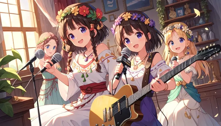 ((multiple girls:1.3)), ((moe style:1.3)), ((hippie:1.3)), ((guitar:1.3)), ((microphone:1.3)), ((heaven:1.3)), ((centerfold:1.3)), ((extremely feminine:1.3)), perfect hands, ((perfect face)), ((extremely cute:1.3)), ((masterpiece)), ((8k)), ((best quality)...