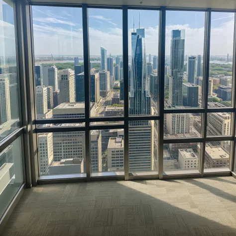 "High-rise office building with floor-to-ceiling windows and cityscape views