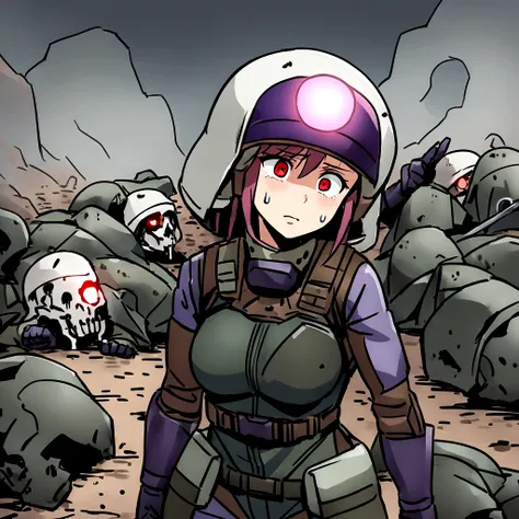 High quality, 4k, hd, female, full combat outfit, ghost helmet at the top of head, one missing eye dripping blood, scared and sad expression, covered in dirt, combat gloves, one eye glowing purple, wolf with red eyes, sniper on her back, in a war battlefie...