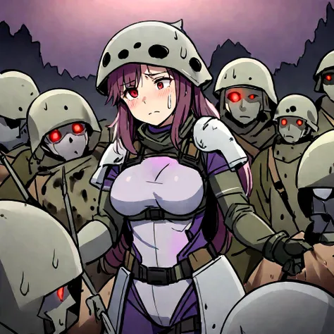 High quality, 4k, hd, female, full combat outfit, ghost helmet at the top of head, one missing eye dripping blood, scared and sad expression, covered in dirt, combat gloves, one eye glowing purple, wolf with red eyes, sniper on her back, in a war battlefie...