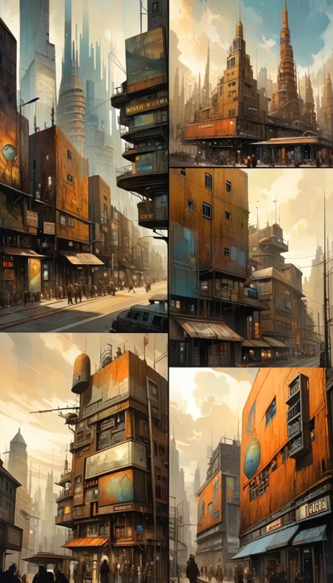 futuristic city.1.5, rusty metal city, lots of details, buildings, billboards, (Dave Mckean inspired art, intricate details, oil painting)
