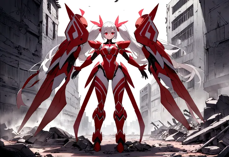 a striking mecha-style magical girl with long, white hair styled elegantly in twin tails, framing her striking red eyes. she sta...