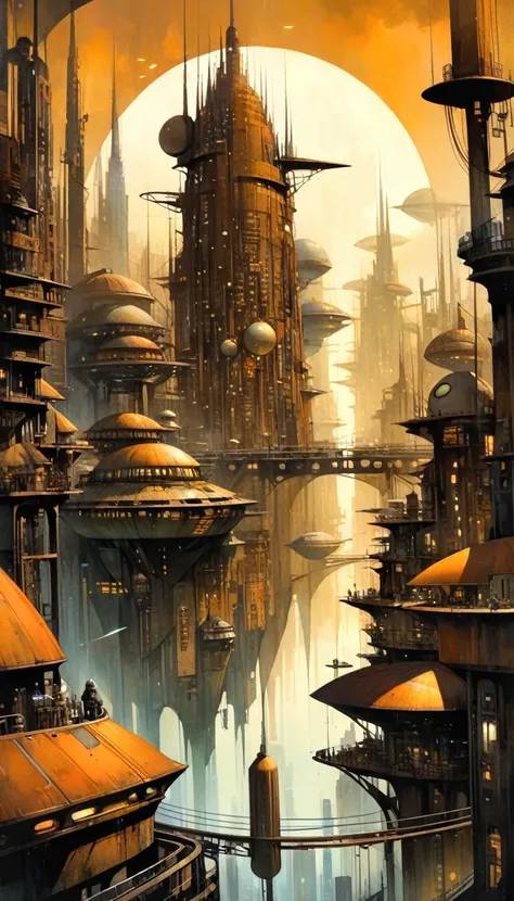 futuristic city.1.5, rusty metal city, lots of details (dave mckean inspired art, intricate details, oil painting)