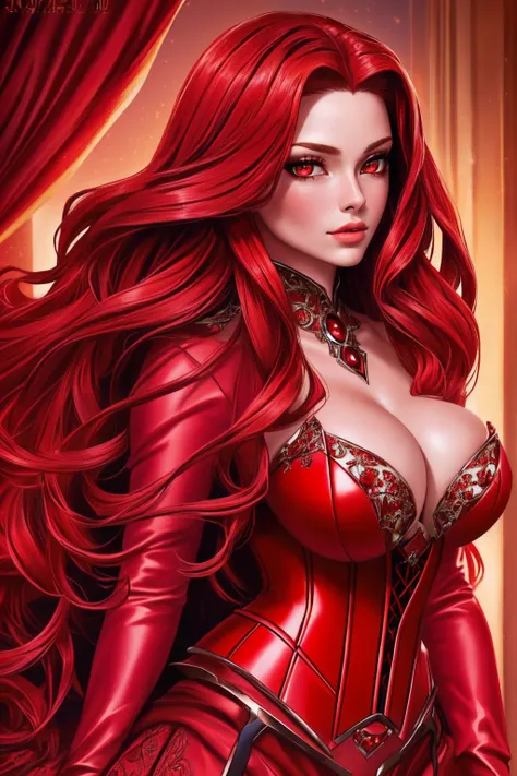 a woman with long crimson hair, wearing a long, intricate corset, beautiful detailed eyes, beautiful detailed lips, extremely detailed face, longeyelashes, elegant pose, graceful movement, breathtaking, detailed and realistic, oil painting, dramatic lighti...