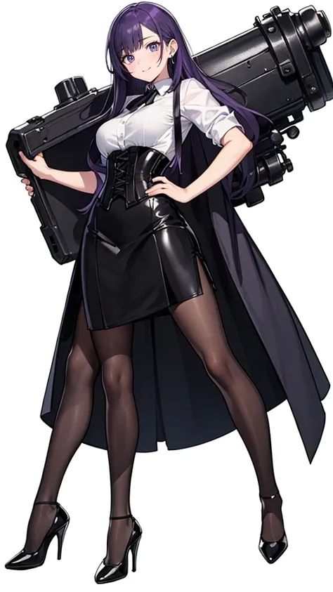 Purple Hair,long hair,Adult female,(suit),White Y-shirt,((Rolling up his sleeves)),(corset),(Black tight skirt),(High heels),Heels are visible,((Simple white background)),smile,((whole body)),((full body)),