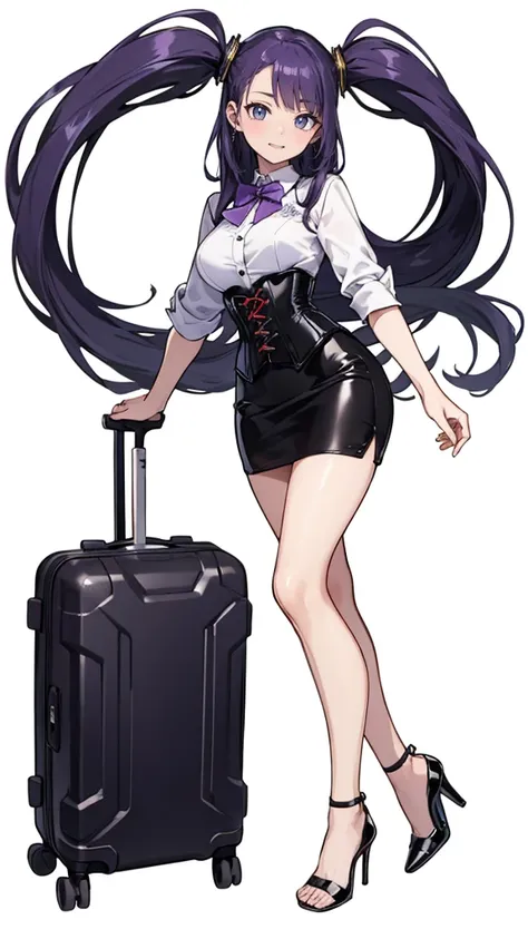 Purple Hair,long hair,Adult female,(suit),White Y-shirt,((Rolling up his sleeves)),(corset),(Black tight skirt),(High heels),Heels are visible,((Simple white background)),smile,((whole body)),((full body)),