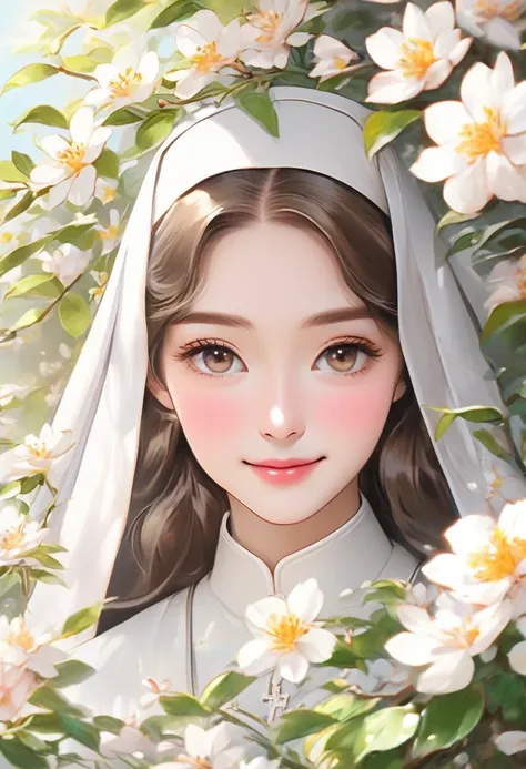 Very detailed,(((((ultra detailed face))))),best quality, 8K, (soft Light), Light, ((soft focus)),((Nuns)), facing the camera,Long brown hair ,almond eye, fluffy hair,((forehead)),((monastery)),((gardening,garden)),((Cultivation)),Flower basket,elegant, Co...