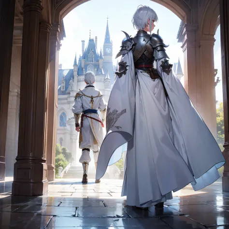 back view of a white hair armored prince in the castle