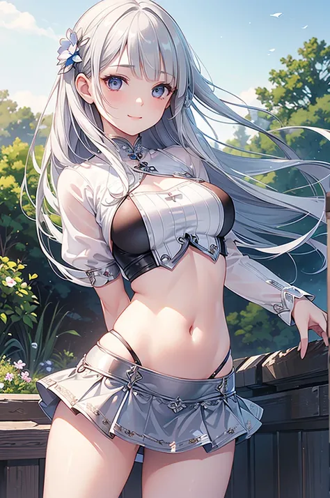 masterpiece, Highest quality, Super detailed, (Realistic:1.3),cute, girl, alone, Silver Hair, Fairy, Blunt bangs, Fine grain,Tight tube top,Race Queen, Large Breasts,The underboob is exposed,Belly button,(Ultra Mini Skirt:1.5),smile, flower, spring,blue sk...