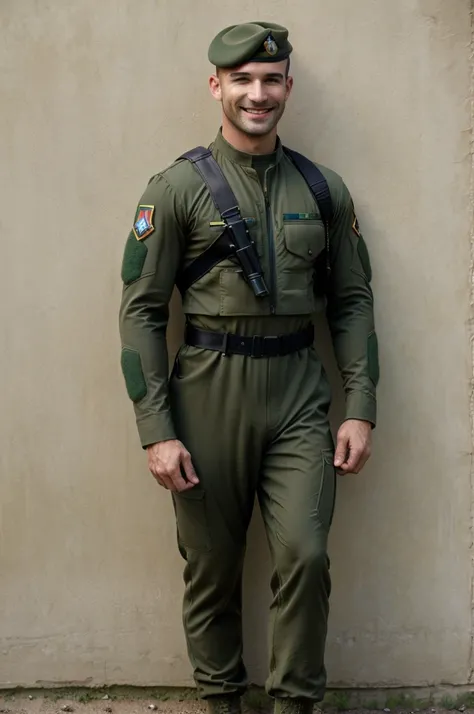 ((8k ((best quality)), ((masterpiece)), (very detailed), real face bald male muscular male full body wear soldiers suit  green beret stand by wall  smiling