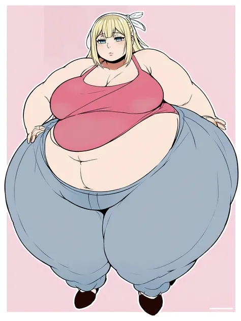 Very fat obese woman, giant belly, incredibly thick thighs, wearing jeans and pink top, blonde, pink background
