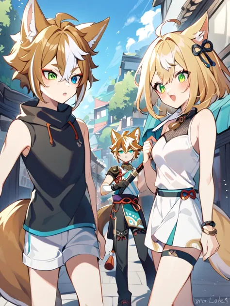 1 boyfriend, one girl,Gorou Genshin impact, walks down the street, Goro looks at the girl fox,1girl, :o, ahoge, animal ear fluff, animal ears, bangs, bare shoulders, blonde hair,  fox girl, fox tail, green eyes, hair ribbon, heterochromia, holding, long ha...