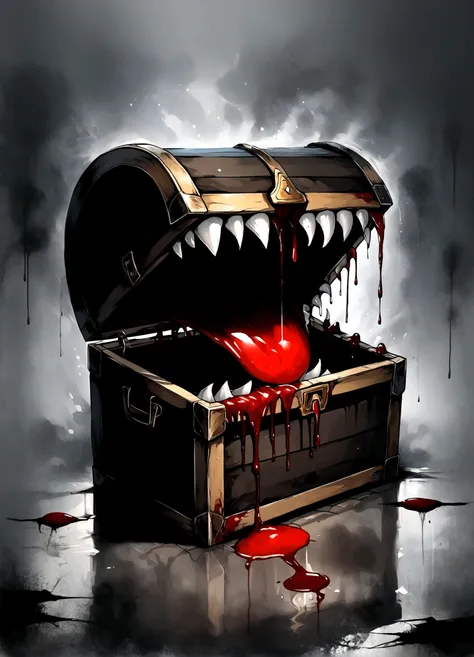 draw a scene where a mimic chest is placed in a dimly lit place,(((mimic chest)),there are many fangs in the mouth of the box.,(...