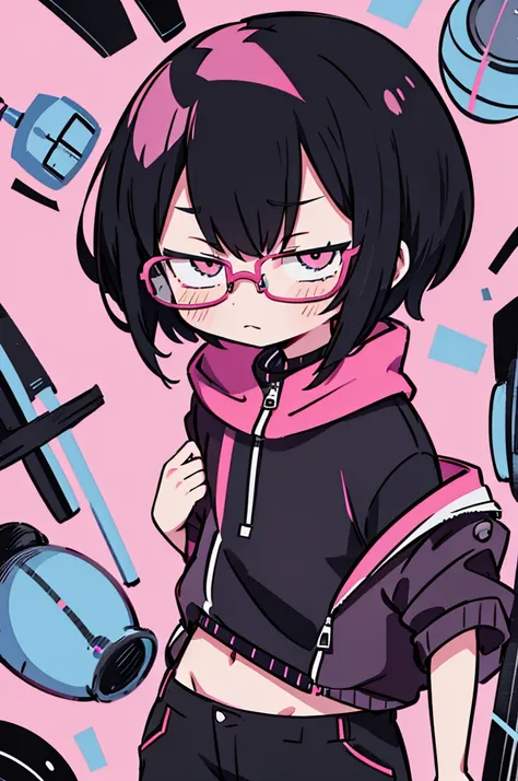 black pants, Sharp image, man, Black hair with pink ends, wearing a pink jacket. , has a dull, bored face, wears round glasses, has short, neat hair,