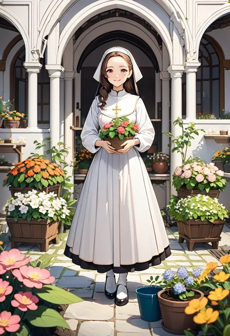 Very detailed,(((((ultra detailed face))))),best quality, 8K, (soft Light), Light, ((soft focus)),((Nuns)), facing the camera,Long brown hair ,almond eye, fluffy hair,((forehead)),((monastery)),((gardening,garden)),((Cultivation)),Flower basket,full body,e...