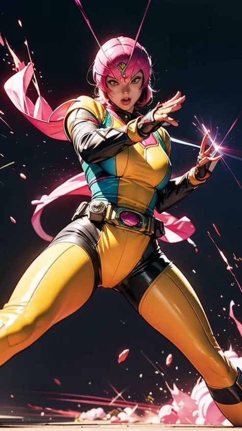 Solo, A brave and courageous image of a 6 member ranger team, Each one is decorated in vibrant colors such as:: ((Pink)), red is front of center, violet, Green, yellow, blue black, white,. Dynamic poses in a background that exudes energy and courage, neon,...