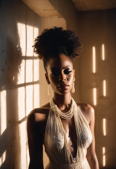 Wide angle shot of a black woman, Wearing a pearl dress and pearl necklace, In a dark room、Sunlight filtering in through holes and vents in the walls creates beautiful, cinematic images., Moody chiaroscuro lighting, High resolution 