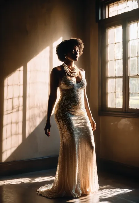 Wide angle shot of a black woman, Wearing a pearl dress and pearl necklace, In a dark room、Sunlight filtering in through holes and vents in the walls creates beautiful, cinematic images., Moody chiaroscuro lighting, High resolution 