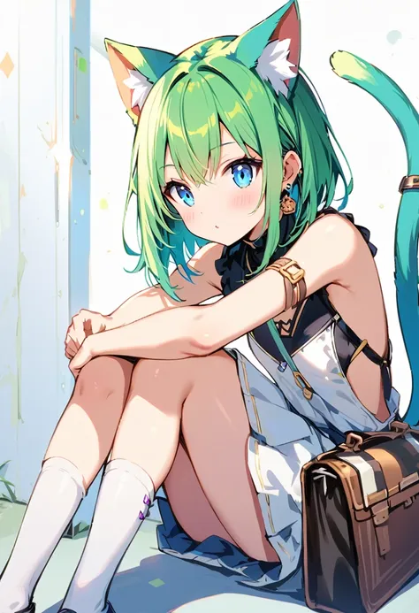 ,one girl,deltamon_beta, alone, blue eyes, knee socks, animal ears, bare shoulders, blue tail, earrings,removable sleeves, green...