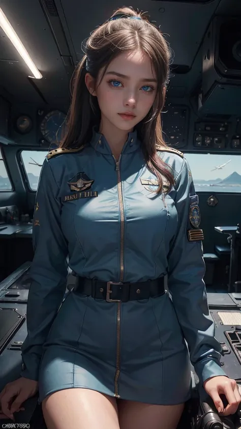 (8K,1080P,textura Realist de la piel,Realist,masterpiece, La Highest quality,High resolution,High resolution:1.5),,Araffes in military uniform standing in front of a Fighter, Pilot Girl, Perfect military composure, かわいいPilot Girl, （SEXY PILOT SUIT, uniform...