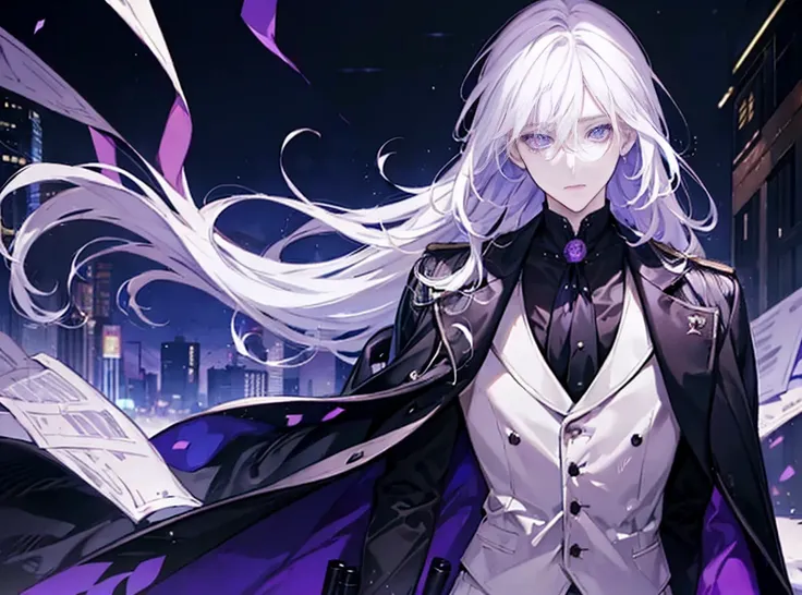 1 male, white hair, black suit vest, purple eyes, cute adult male, long hair, beautiful male, slim, wearing a monocle on left eye, raining, night city, standing, masterpiece, eyes fixed, beauty eyes, 4K HD, very high quality