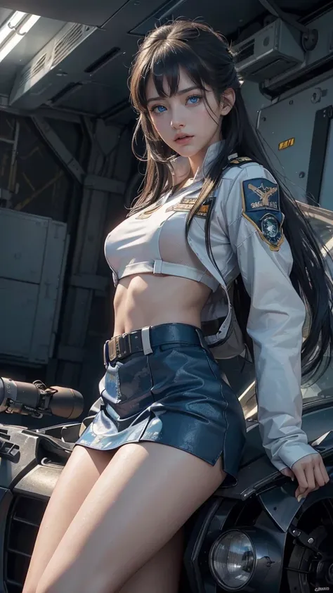 (8K,1080P,textura Realist de la piel,Realist,masterpiece, La Highest quality,High resolution,High resolution:1.5),,Araffes in military uniform standing in front of a Fighter, Pilot Girl, Perfect military composure, かわいいPilot Girl, （SEXY white camouflage pi...